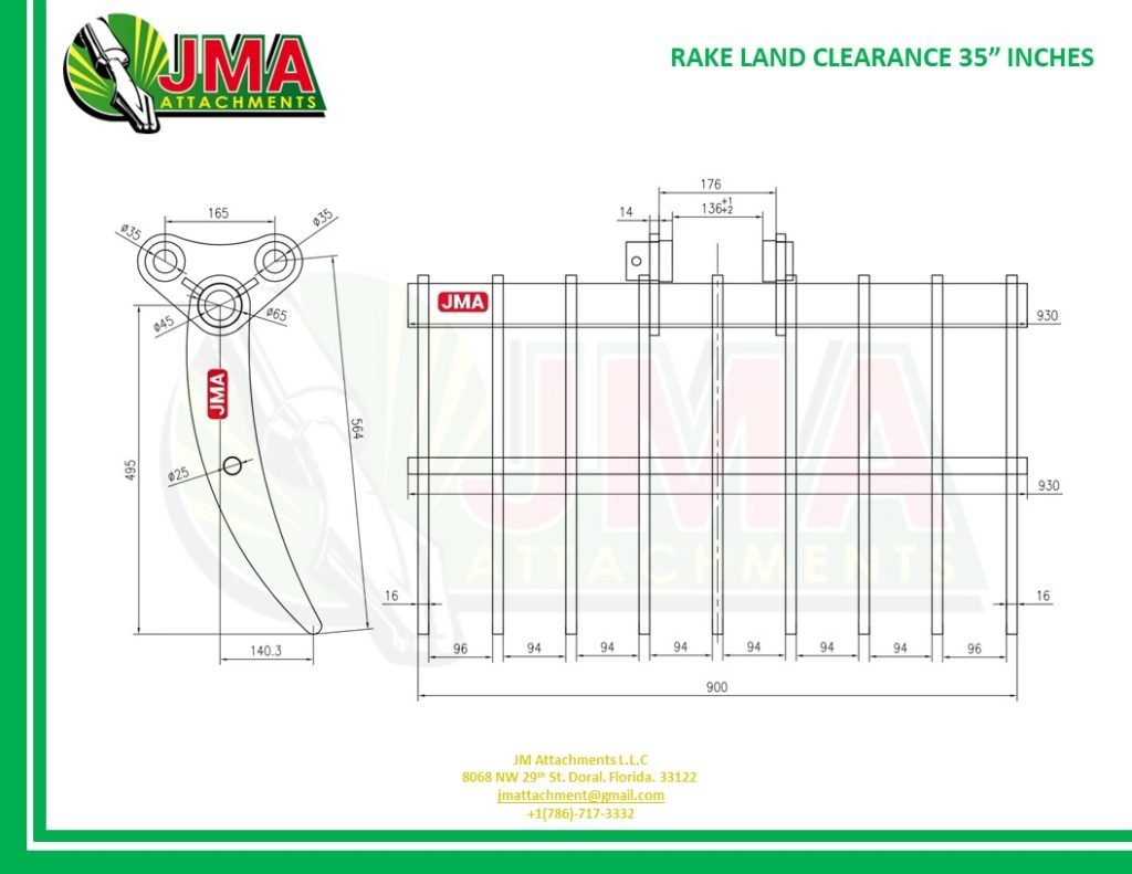 35″ Brush Rake for 2 – 3 tons Mini Excavators. 35mm Pins