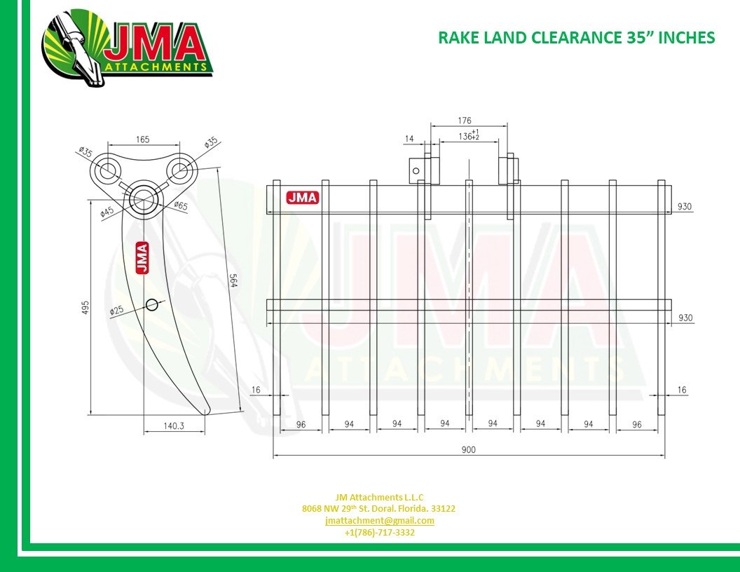 35″ Brush Rake for 2 – 3 tons Mini Excavators. 35mm Pins